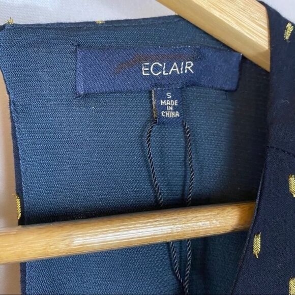 Eclair Navy & Gold Polka Dot Short Sleeve Dress S Academia Preppy Office - Picture 3 of 3